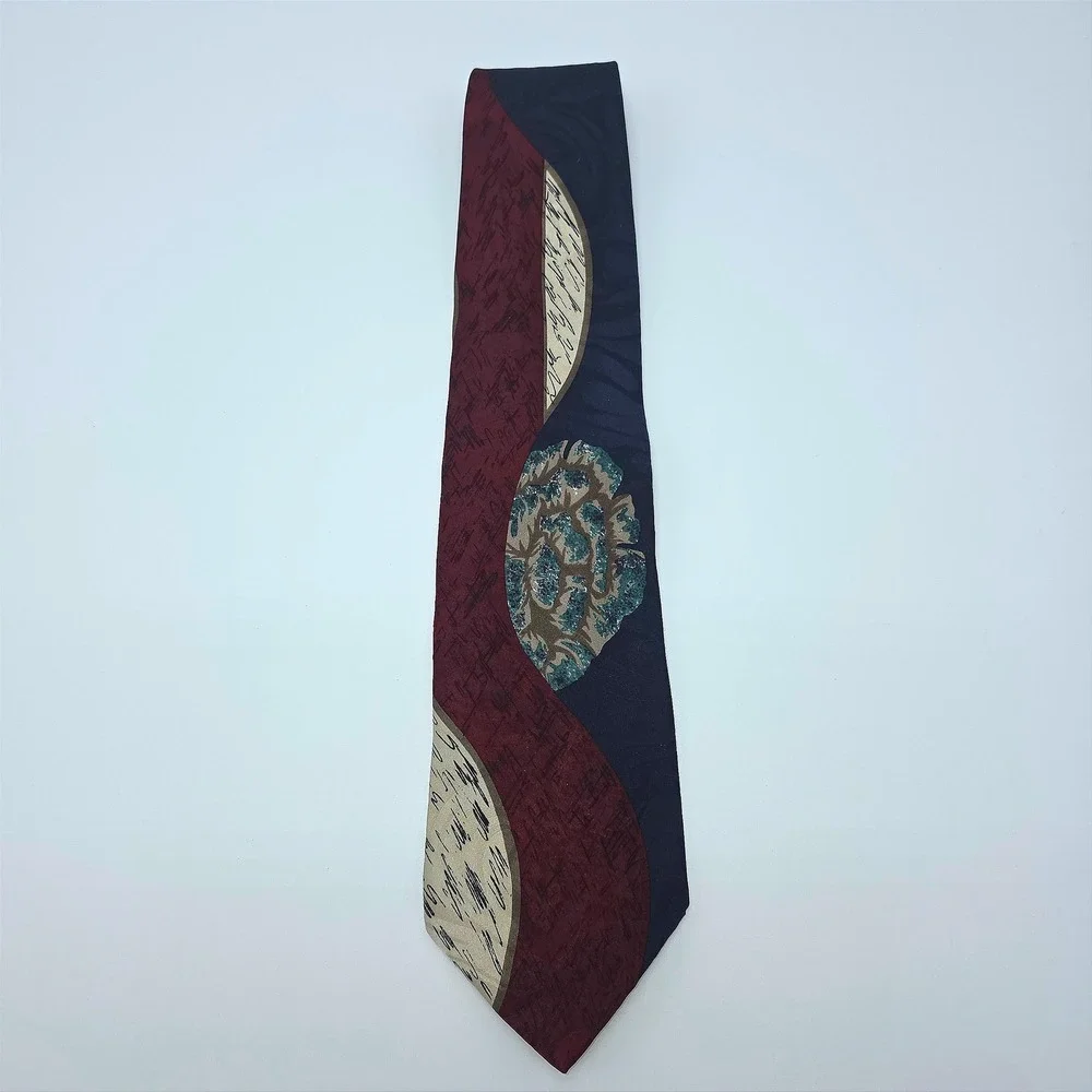 Retro Ferracci Mens Silk‎ Necktie Burgundy Navy Blue Abstract Geometric Pattern